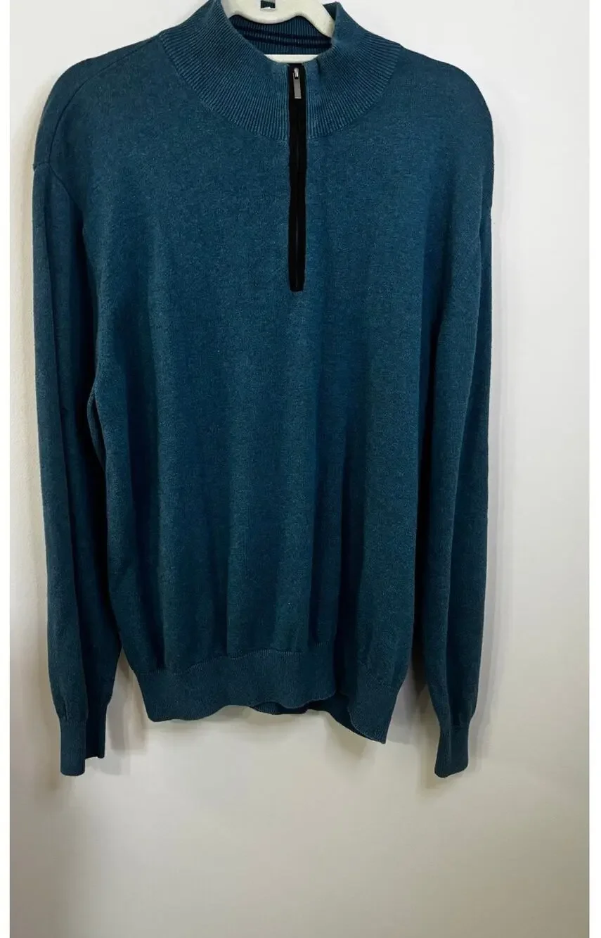 EUC Alan Flusser 100% cotton quarter-zip sweater, blue w/black zipper, LARGE